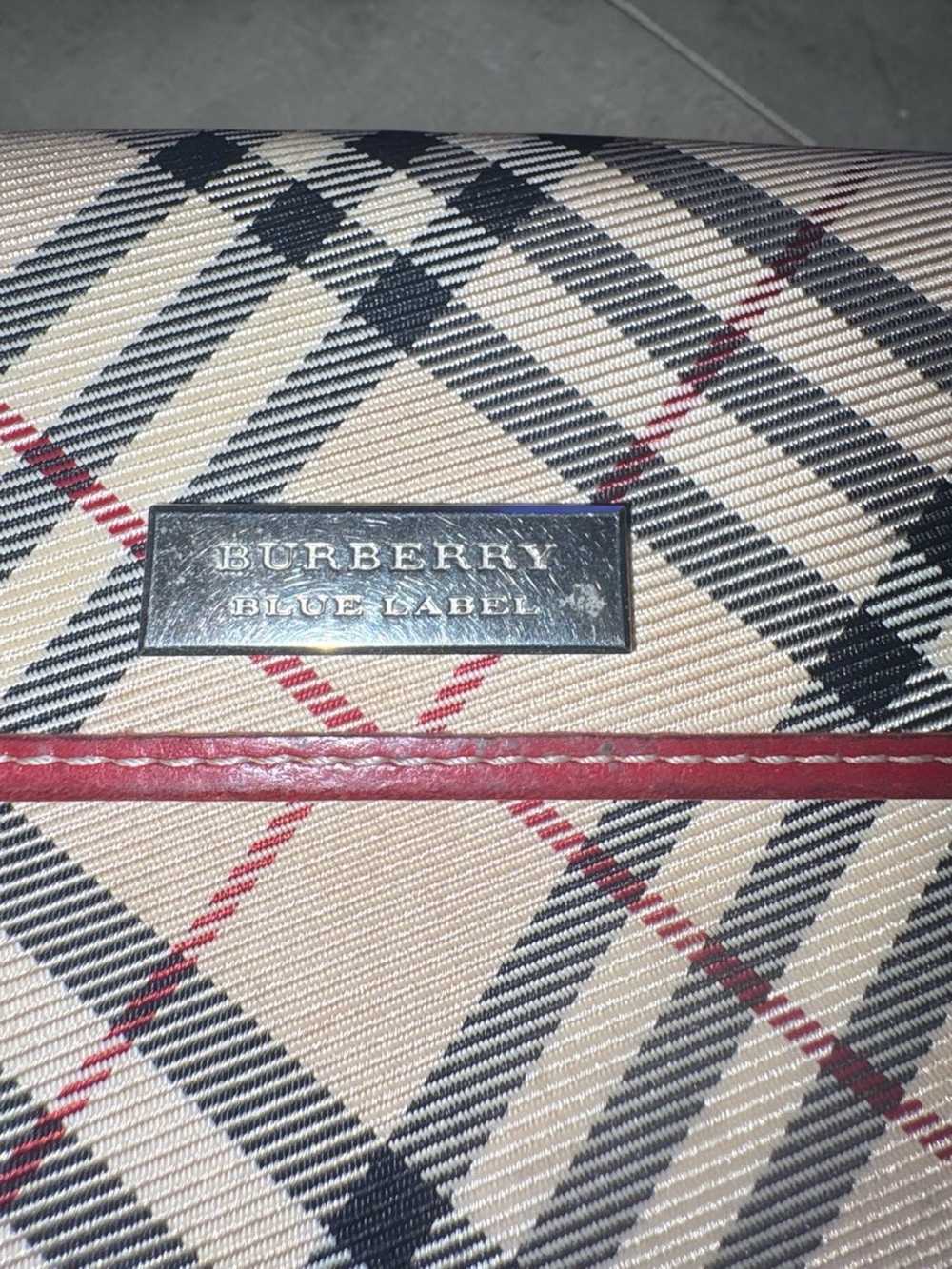 Burberry Beige Check Wallet with Red Trim and Silver Plaque